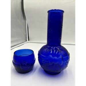 VTG Crownford Giftware Cobalt Blue Glass Decanter & Cup Made in ITALY 1983